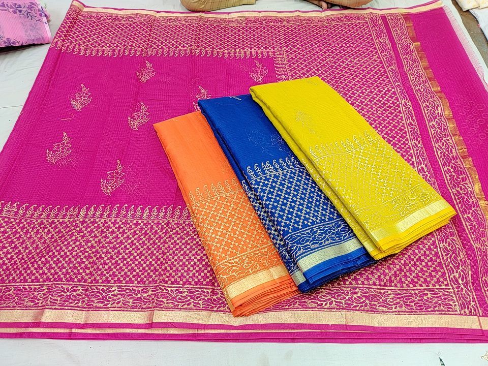 Kota doriya block printed saree with blouse patterns.. uploaded by Kota saree sangam on 1/23/2021