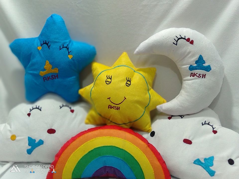Post image *KIDS CUSHION SET 6*

1 RAINBOW

1 STAR. WITH NAME CUSTOMISATION

1 MOON. WITH NAME CUSTOMISATION

1 SUN WITH NAME CUSTOMISATION

2 CLOUD  *_(NAME CUSTOMISATION OPTIONAL )_*


OR 

1 RAINBOW

2 STAR WITH NAME CUSTOMISATION

1 MOON WITH NAME CUSTOMISATION

2 CLOUD  *_(NAME CUSTOMISATION OPTIONAL )_*
 
🔴 FABRIC:NYLEX (TOYS FABRIC) 
🔴 EMBROIDERY WORK
🔴 SIZE 10 INCHES EACH

*PRICE:-8️⃣8️⃣0️⃣ ➕ SHIP EXTRA*

🛑Note:- *Don't Wash all together*


*"MAKING TIME 7 WORKING DAYS SUNDAY AND FESTIVALS NOT INCLUDED"*
