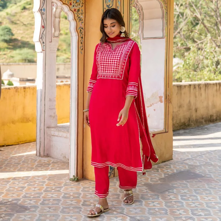 Red Embroidered kurta pant dupatta set  uploaded by business on 11/27/2022