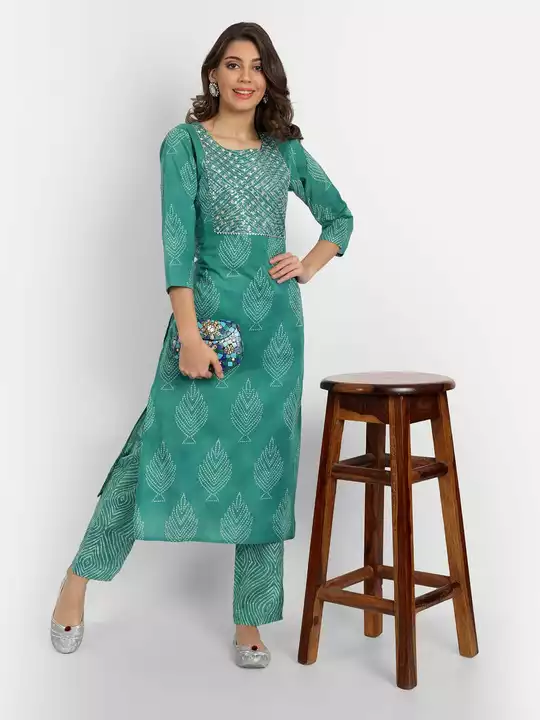 Women turquoise green color embroidery straight kurta pant set uploaded by business on 11/29/2022