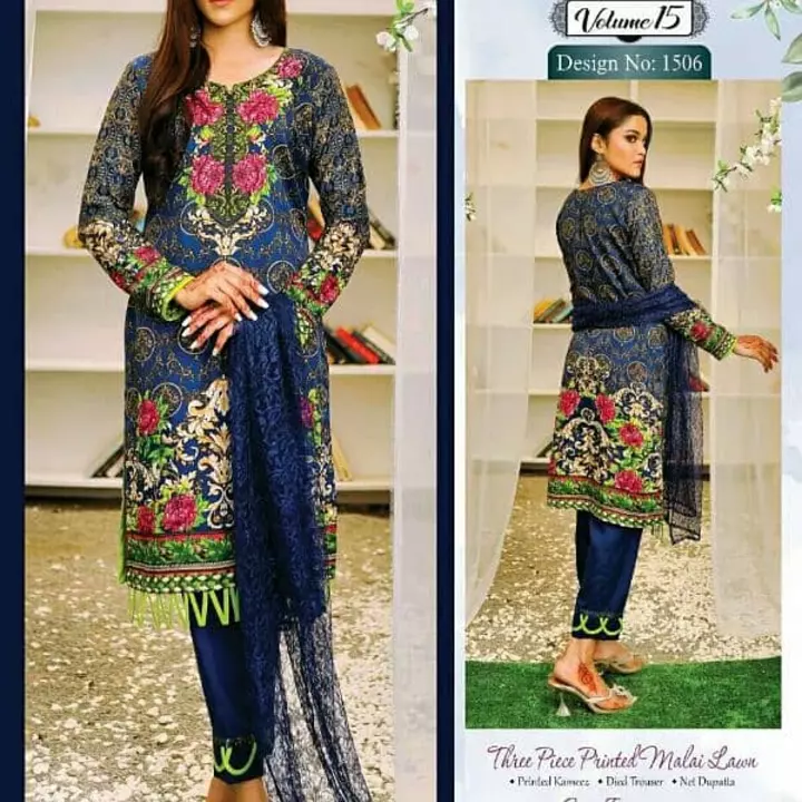 Post image Sunaina Original Karachi Printed Malai Lawn Fabric (Three Piece Unstitched)#Printed Shirt,#Dyed Trouser,#Net Dupatta.Fabric Malai LawnSoft Fabric.(Rs.450/-)