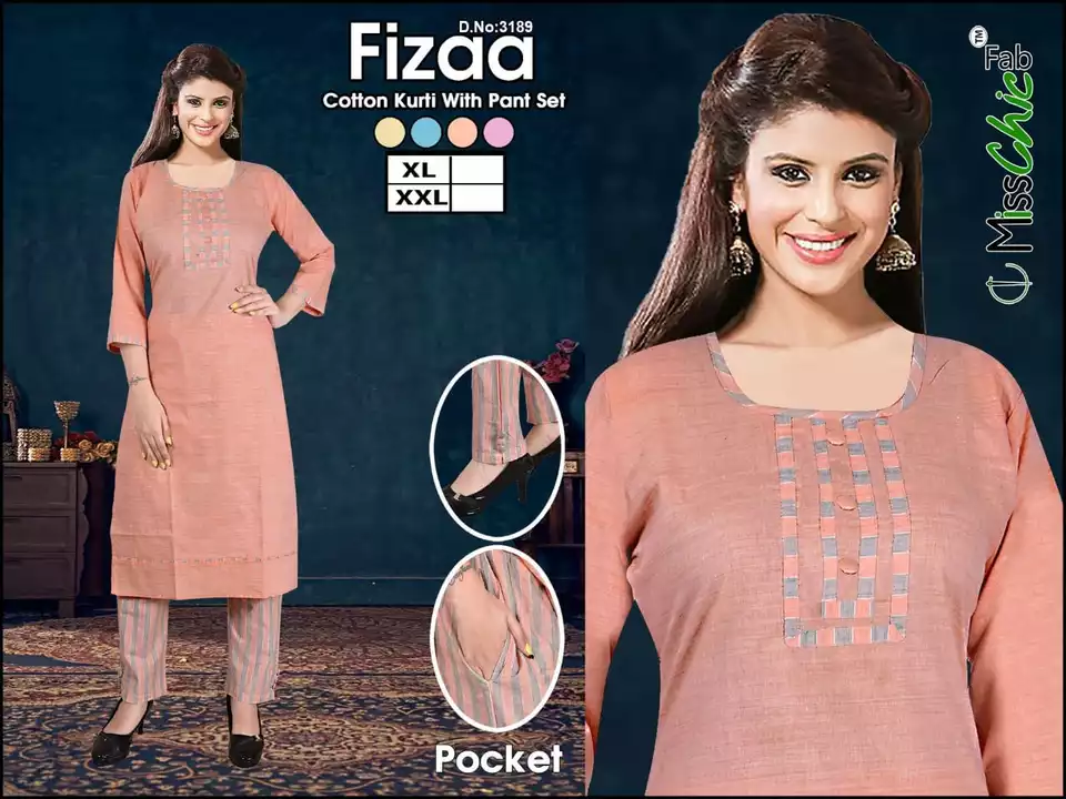 Post image *Fizaa*Heavy Cotton FabricKurti with Pocket Pant Set@ *Rs.375*
