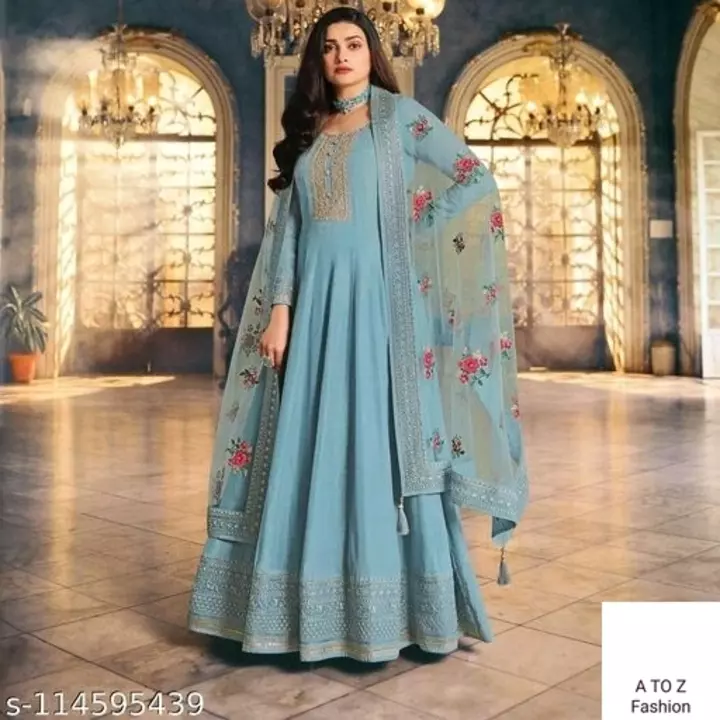 Post image Name: Myra Refined Salwar Suits &amp; Dress Materials
Top : Silk  Sleeves :- Silk	 Inner :- Santoon  Length :- Max Up to 39”  Size :- Max Up to 42” Bottom :- Santoon Dupatta :- Net Work :- Embroidery With Stone Work Type :- Semi Stitched  Weight :- 499 gm  Wash : - First Time Dry Clean  ?% Premium Quality Available
Sizes: Semi StitchedCountry of Origin: India
