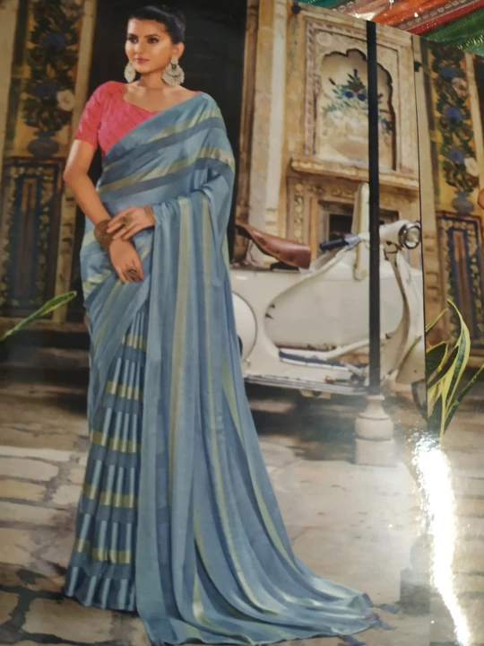 Post image Satin saree with matt gold pattas and worked contrast blouse. Premier quality