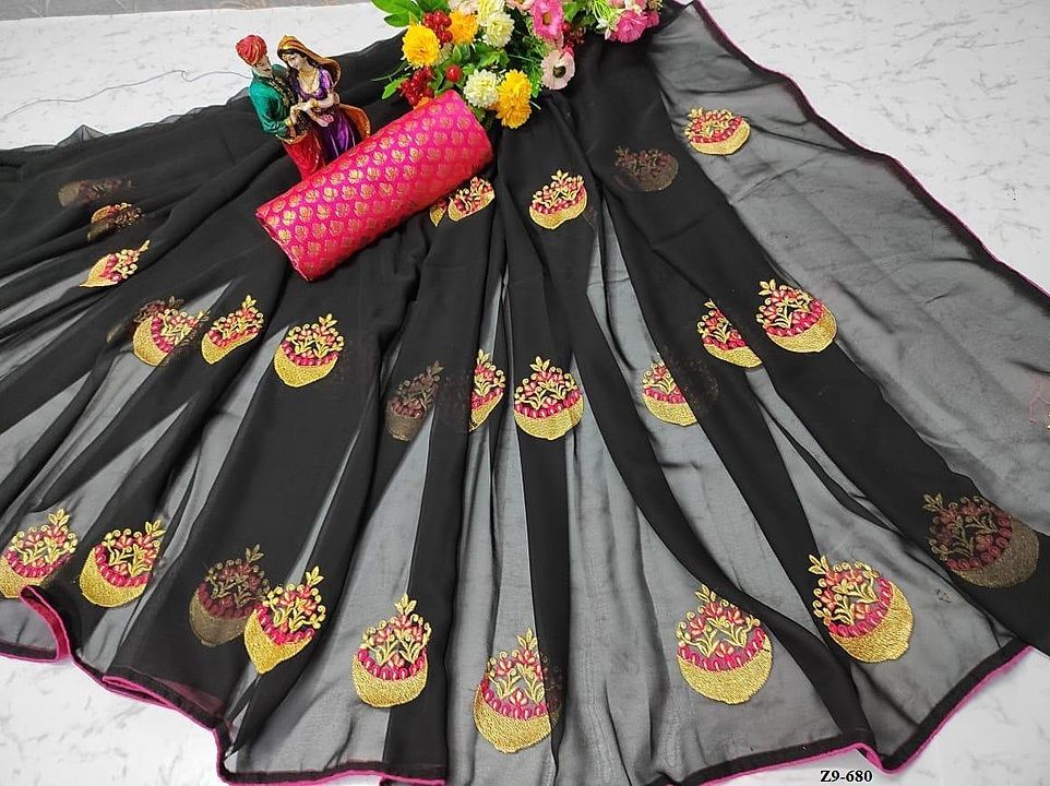 Post image Georgette saree
🌷🌷🌷🌷🌷🌷🌷🌷

It is a sheer, lightweight, dull-finished crêpe fabric named after the early 20th century French dressmaker Georgette de la Plante. Originally made from silk, Georgette is made with highly twisted yarns. 
Saree comes with embroidery pallu scut work .

Blouse fabric:
Heavy jacquard

Shipping extra