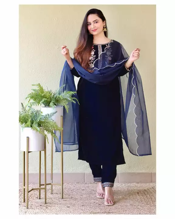Aleexa outlet women navy blue winter wear valvet embroided kurta pant and dupatta set uploaded by ALEEXA OUTLET on 12/5/2022