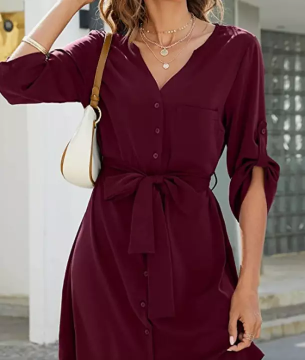 Womens Button Down Dress Summer V Neck 3/4 Sleeve Tie Waist Business Casual Work Mini Shirt Dresses uploaded by NSS fashion designer on 12/5/2022