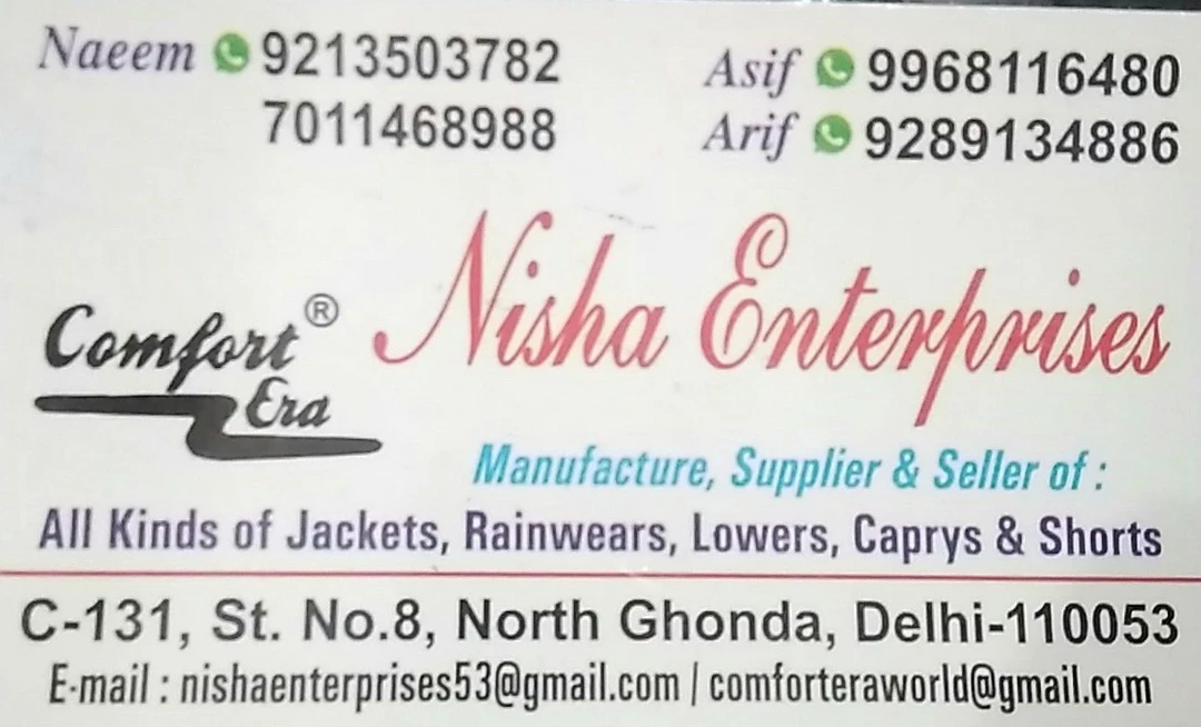 Visiting card store images of Jackets and rainsuit