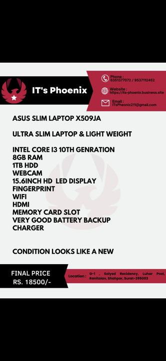 Asus slim laptop X509JA (Refurbished)  uploaded by business on 12/7/2022