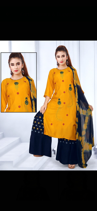 Kurti sharara,&dupatta. Fabric,heavy reyon cotton.work, Embroidery. Designs Available.Size.L xl xxl  uploaded by business on 12/7/2022