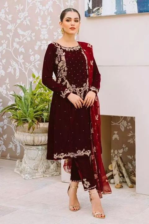 NEWDESIGNER VELVET HEAVY MOTI AND EMBROIDERED WORK SUIT WITH PANT AND WORK DUPATTA SINGLE ORDER NOW  uploaded by business on 12/11/2022