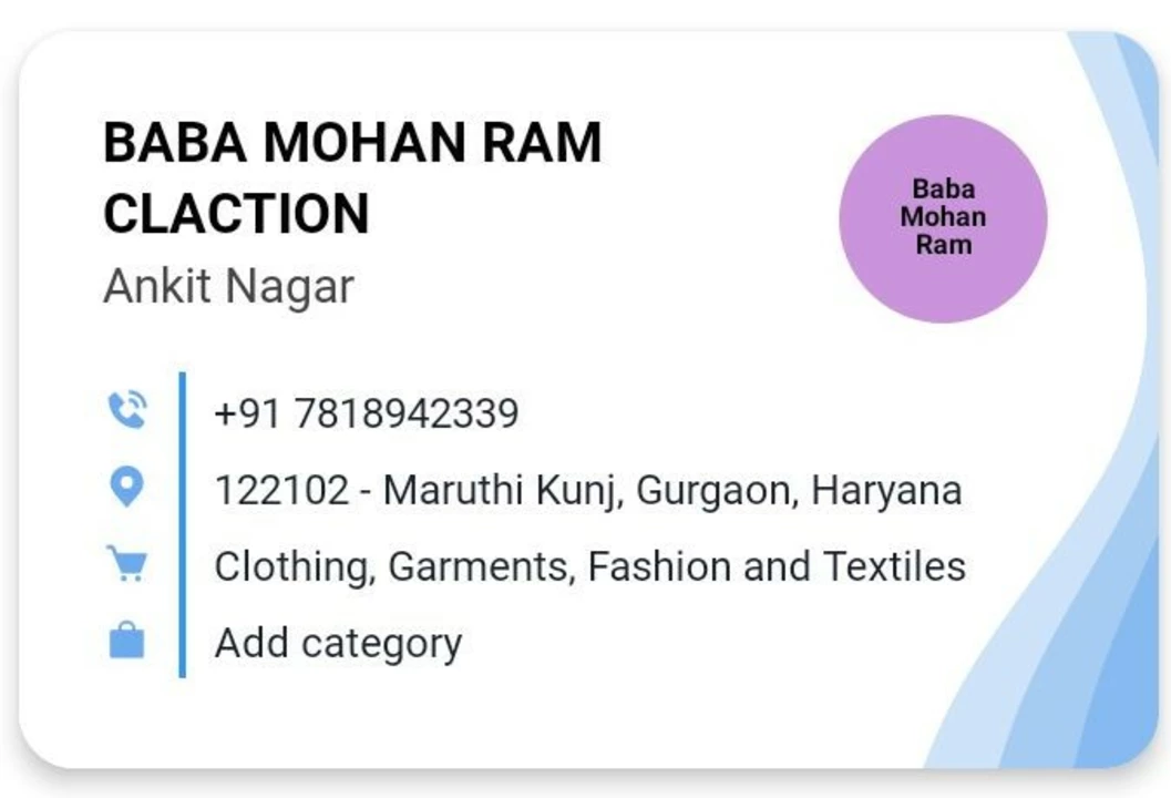 Visiting card store images of BABA MOHAN RAM CLACTION