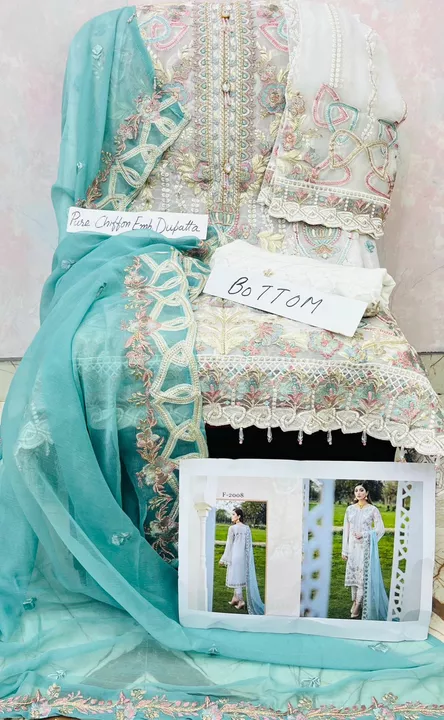 Post image *Ramsha vol-20 Semi Stiched Collection*
Semi stitched embroidered collection with pearls attached, chiffon / Organza embroidered dupatta, embroidered crape bottom.