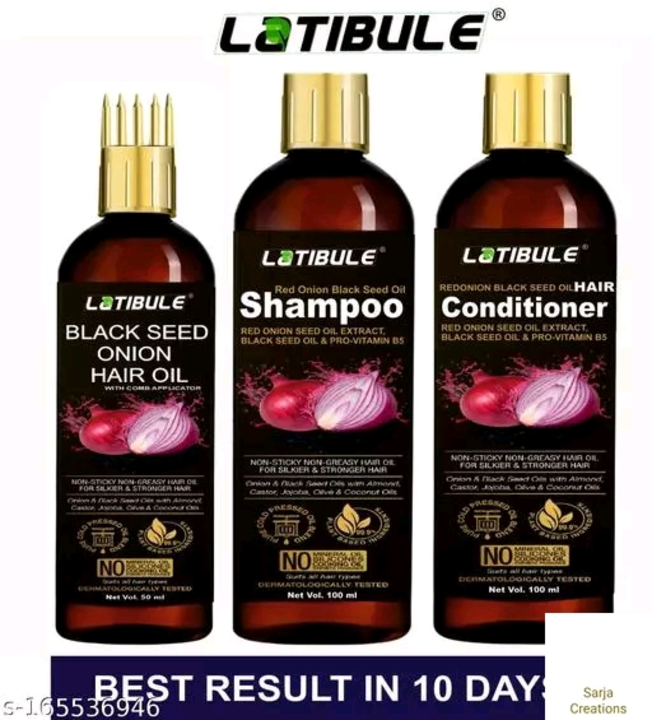 Post image Catalog Name:*Latibule Advanced Nourshing hair care combo*
Brand: Latibule
Flavour: Onion
Net Quantity (N): 3
Dispatch: 1 Day

*Proof of Safe Delivery! Click to know on Safety Standards of Delivery Partners- https://ltl.sh/y_nZrAV3