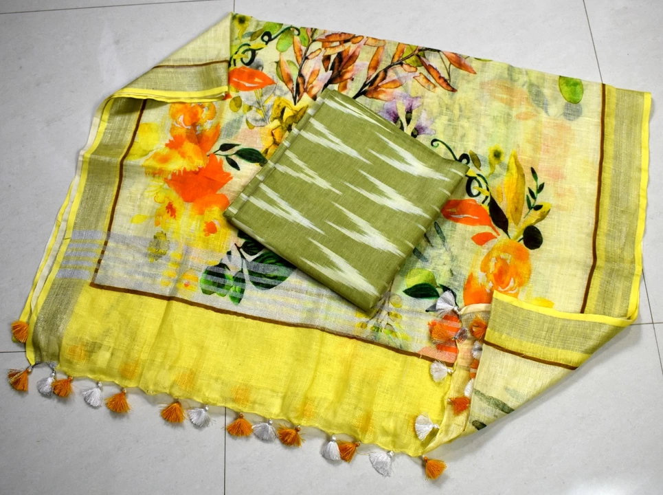 Pure linen dupatta with ikkat top  uploaded by Saree manufacturer on 12/15/2022