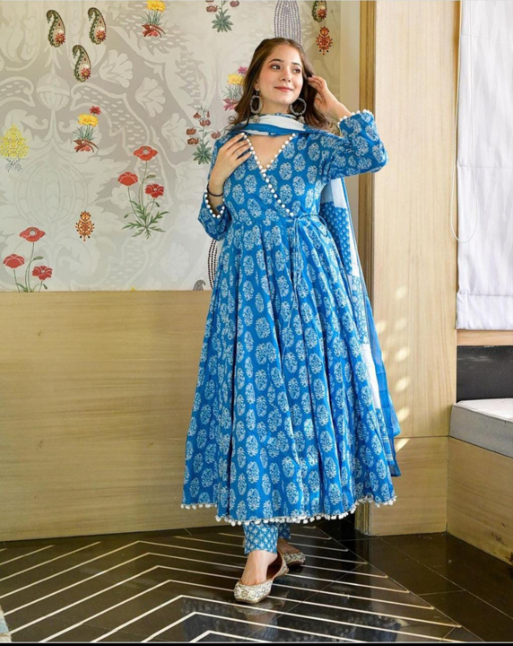 RM Anarkali Reyon sluv Sky-blue printed set with paint and dupptta  uploaded by Jagdamba creations on 12/18/2022