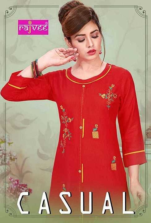 Brand Name : RAJVEE
Catalog : CASUAL 
Design : 8 PCS
Fabric : RAYONE
Size :M,L,XL,XXL.
Rate : 350 uploaded by business on 7/3/2020