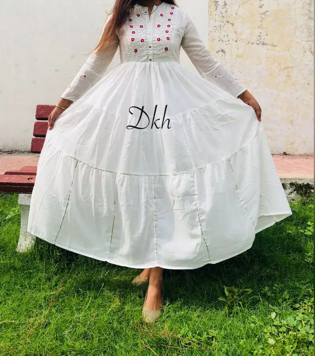 White Full flair Bell salves Gown in soft Reyon in Tier pattern with mulmul lining* uploaded by Khushi fashion hub on 12/20/2022