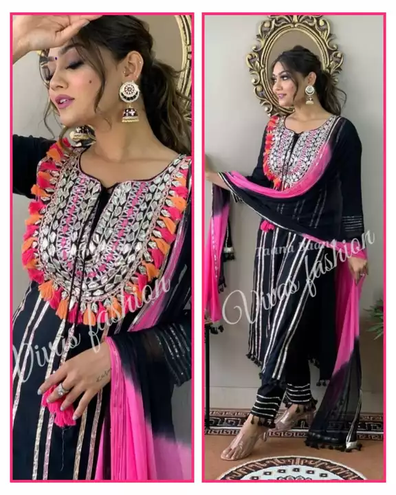 Post image *Royal kurti exclusive*
*Spicial Offer*

(*Adorn your wardrobe classy melanage kurti with pant and chiffon dupatta heavy real gota work and thread embroidery work on kurti and pant  pure chiffon dupatta with gotta detailings all over*

high primium quality fabric*
 *Big size*38,40,42,44, 46 48 50 52 54*big size*

Kurta length: 44Pant length - 38-39Sleeves length - 17Dupatta - 2.4


Price - 725 free shiping 
*Dispatch stock redi*

*Guysss hum ne rate Kam ki hai quality nhi