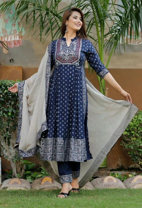 *Premium rayon high slit kurti with heavy liquid silver foil with Rayon pant & duaptta with border F uploaded by Rhyno Sports & Fitness on 12/23/2022