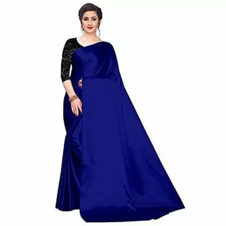 Women's satin silk plain saree with black print blouse Navy Blue uploaded by business on 12/24/2022