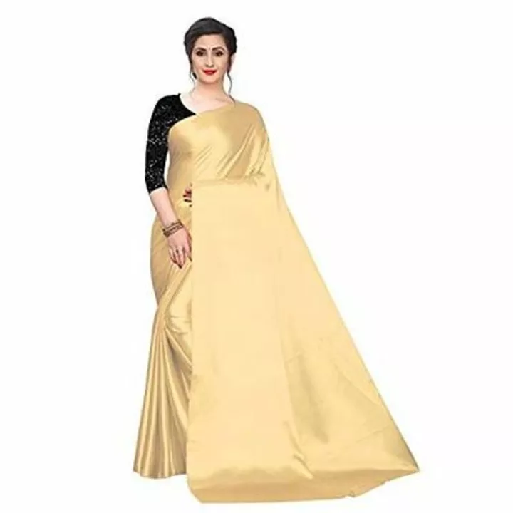 Women's satin silk plain saree with black print blouse yellow uploaded by business on 12/24/2022
