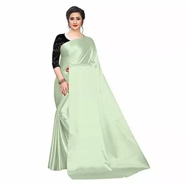Women's satin silk plain saree with black print blouse light green uploaded by business on 12/24/2022