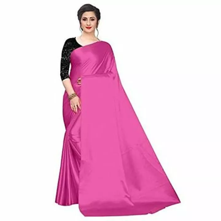 Women's satin silk plain saree with black print blouse Pink uploaded by business on 12/24/2022