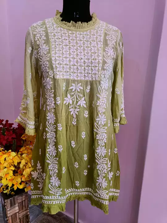 Maslin cotton fabric short kurti neck fril  uploaded by Sani Chikan manufacturer & Wholesaler on 12/24/2022