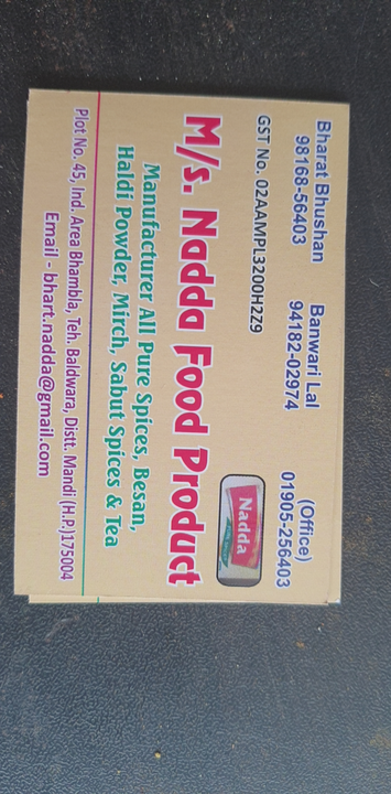 Visiting card store images of NADDA FOOD PRODUCTS
