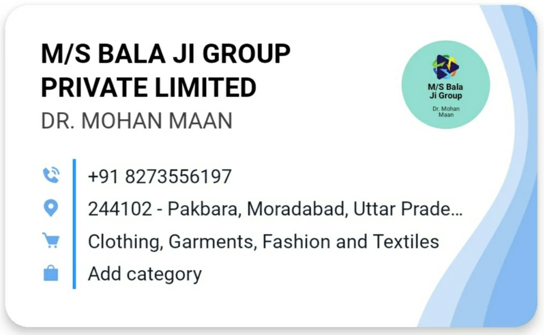 Visiting card store images of M/S BALA JI GROUP PRIVATE LIMITED