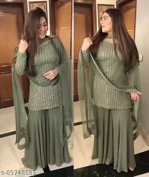 WOMEN'S NEW LOOK GREEN FOX GEORGETTE SEQANCE  WORK SHARARA SUIT uploaded by Shopping Mart  on 5/30/2024