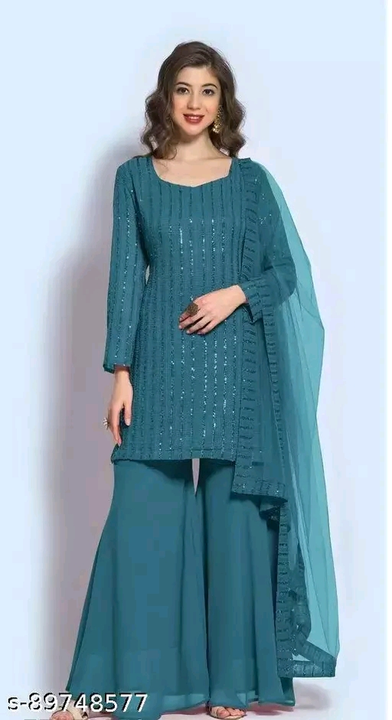 WOMEN'S NEW LOOK GREEN FOX GEORGETTE SEQANCE  WORK SHARARA SUIT uploaded by Shopping Mart  on 12/26/2022