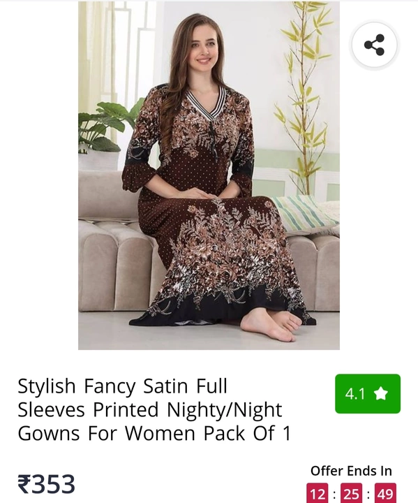 Stylish fancy satin sleeves printed nighty night gowns for women pack of 1 uploaded by Younameit E-Commerce  on 12/27/2022
