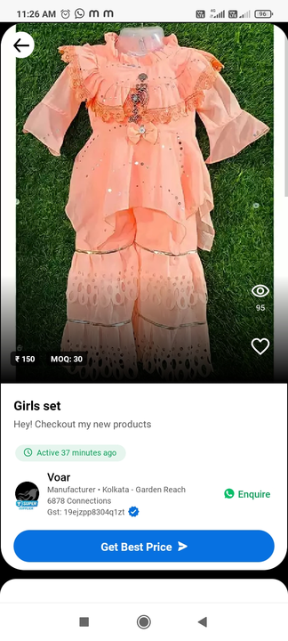 Post image I want to buy 6 pieces of Girls set . My order value is ₹900.0. Please send price and products.