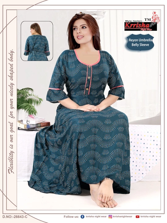 Fancy Reyon Printed Nighty Gown Umbrella Nighty Heavy Quality Reyon 3/4 Sleeves Bell Sleeves  uploaded by Fashion World  on 12/27/2022