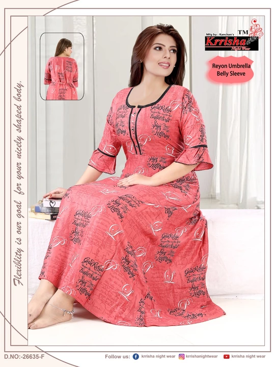Fancy Reyon Printed Nighty Gown Umbrella Nighty Heavy Quality Reyon 3/4 Sleeves Bell Sleeves  uploaded by Fashion World  on 12/27/2022