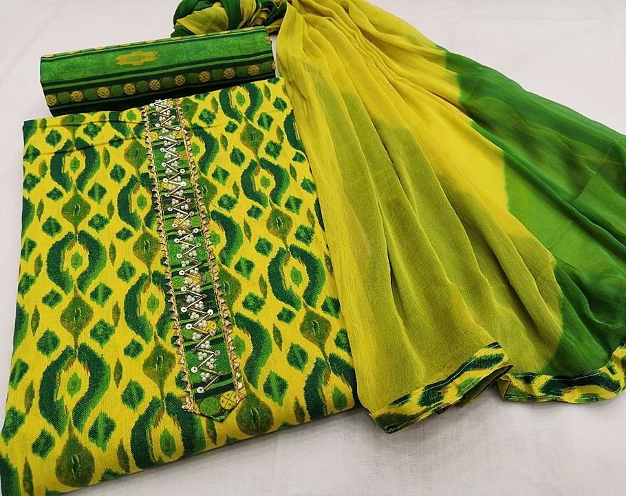 Post image 👗 *material Details* 👗

⭕ *Top :- Cotton top printed with neck hand work **

⭕ *Bottom:- Cotton printed salwar*

⭕ *Dupatta: chiffon dupatta seded two side border **

*Price :-650Rs+shipping*