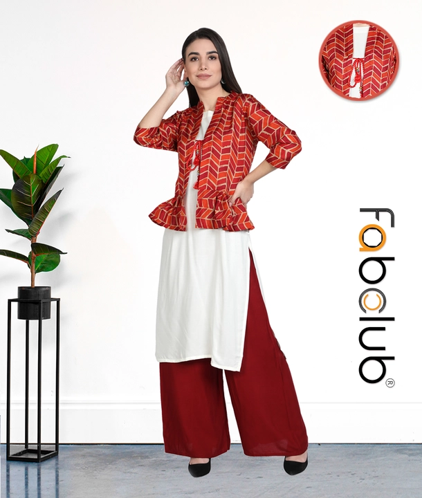 Product image with price: Rs. 569, ID: poly-silk-and-rayon-geometric-printed-multi-color-women-jacket-kurta-with-palazzo-30fcf51d
