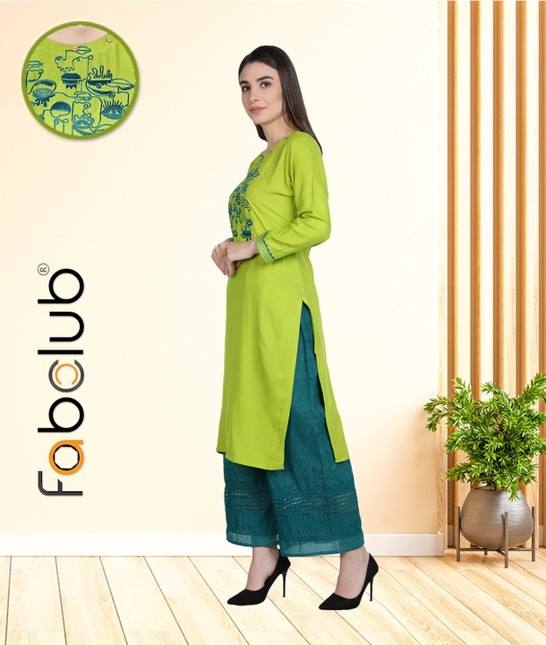 Rayon Embroidered Straight Lime Green Women Kurta With Chikan Palazzo uploaded by Fab Creation on 12/28/2022