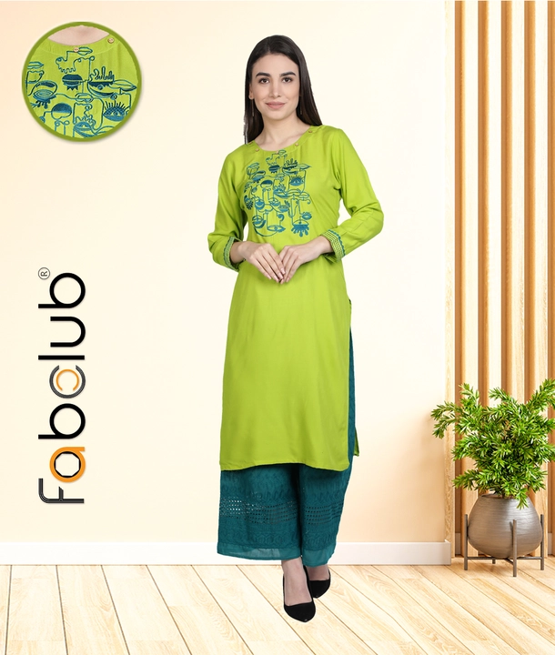 Rayon Embroidered Straight Lime Green Women Kurta With Chikan Palazzo uploaded by Fab Creation on 12/28/2022