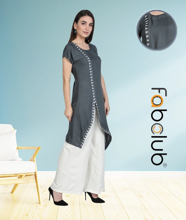 Rayon Embroidered Asymmetric Designer Grey Women Kurta With Palazzo uploaded by Fab Creation on 12/28/2022
