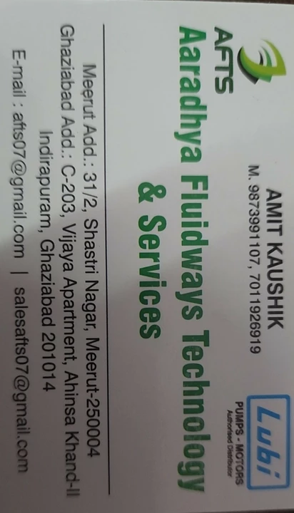 Visiting card store images of Aaradhya Fluidways Technology & Services