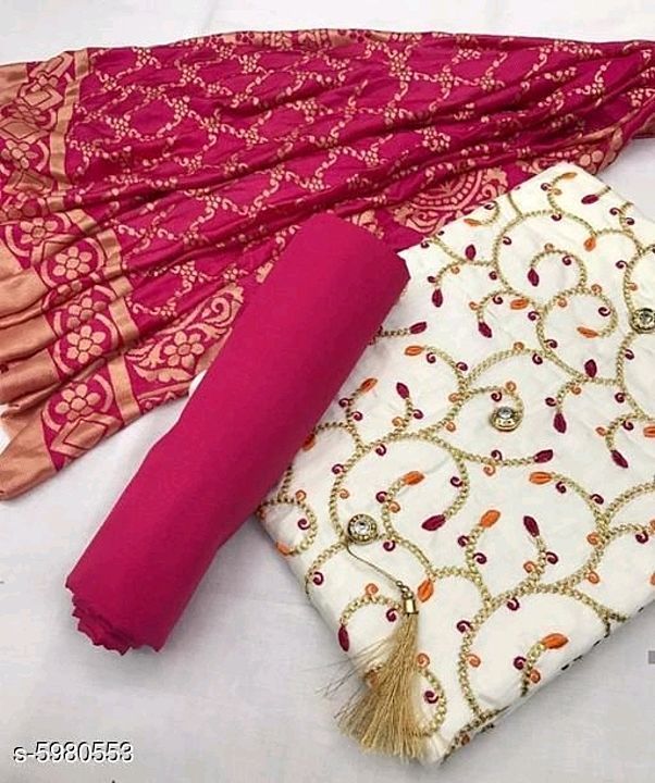 Post image Aishani Drishya Salwar Suits &amp; Dress Materials

Top Fabric: Cotton + Top Length: 2.25 Meters
Bottom Fabric: Cotton + Bottom Length: 2.25 Meters
Dupatta Fabric: Viscose + Dupatta Length: 2.25 Meters
Type: Un Stitched
Pattern: Embroidered
Multipack: Single