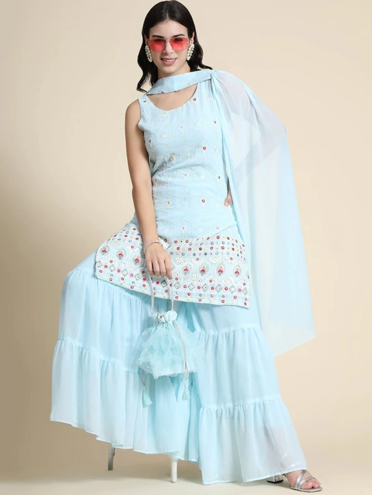 Ice Blue Heavy Embroidery kurta with sharara and dupatta set uploaded by business on 12/30/2022