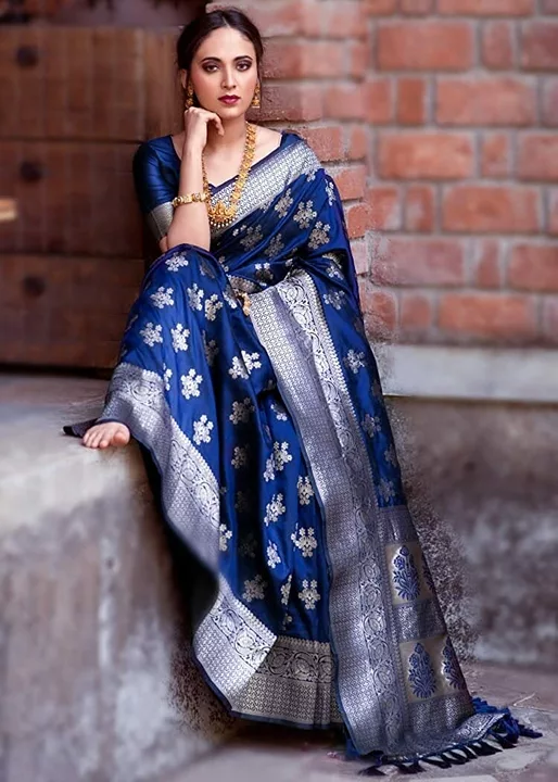 Product image with price: Rs. 899, ID: designer-blue-silver-zari-butta-silk-saree-8548a13c