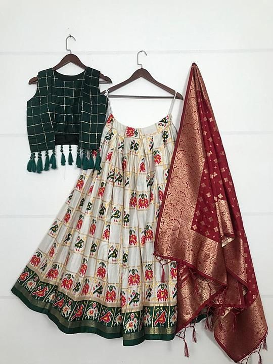 Post image *Patola Lehenga *

*Lehenga*
Lehenga fabric:- Pure Cotton 
Lehenga work:- Foil and Printed (box-cut)
Waist  :- SUPPORTED UP TO 42
Legnth :- 42
Flair  :- 4 meter (with canvas)
Inner  :- Micro Cotton

*Dupatta*
Dupatta:- Jequard Banarasi Silk with Zari and both side Tassels
Dupatta length:- 2.3 meter

*Blouse*
Blouse :- Cotton with Zari Chex (Weaving) *with Tassels (*Fully Stitched* - Size is 38 there is margin customer can adjust upto 42)

*Rate   :-2450₹
Free shipping in India 
Shipping worldwide
Plz msg me on +91-8780711750