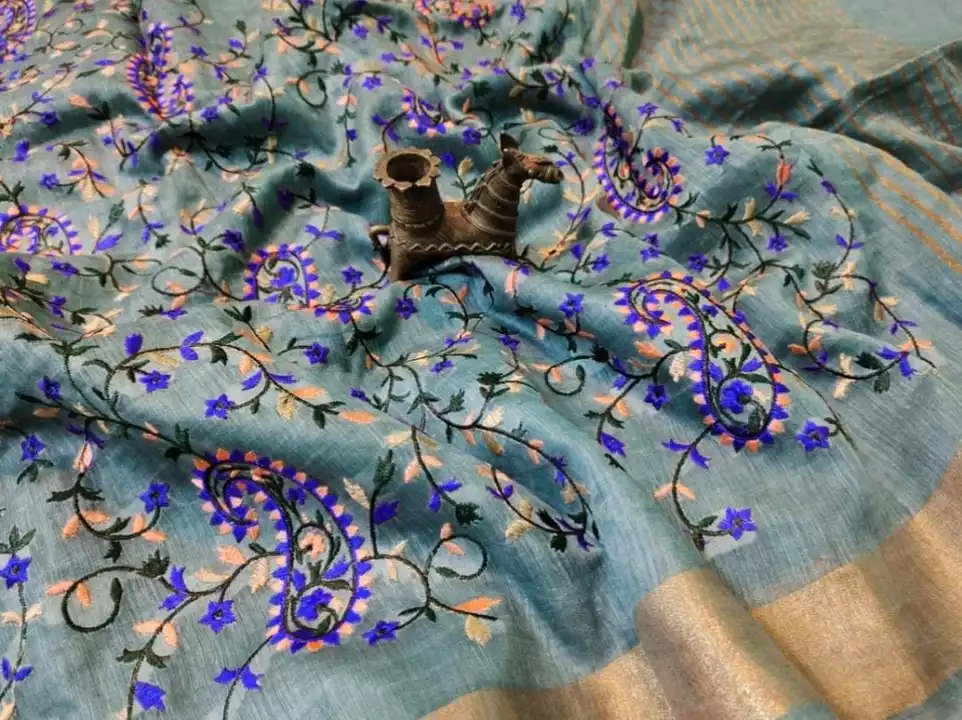 Silk linen embroidery work saree uploaded by WeaveMe India on 12/31/2022