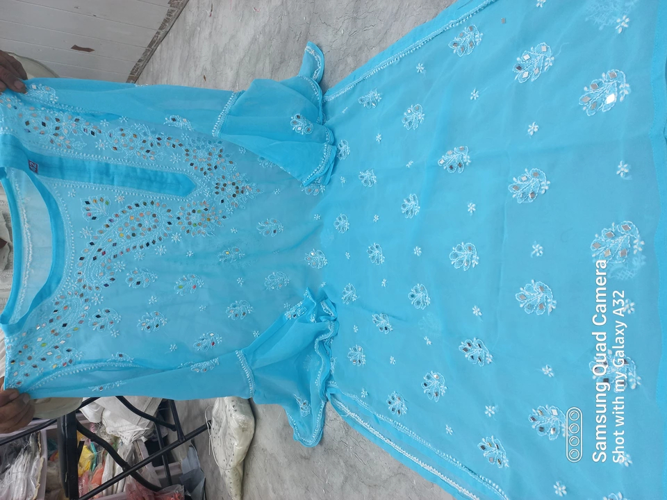 Georgette side neck lucknowi chikankari kurti with mirror work  uploaded by Wahid & sons chikan arts on 1/2/2023
