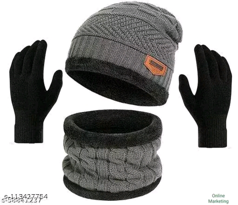 Trendy Winter Black Woolen Beanie Cap and Cotton Glove Set for Extra protection From cold for Men &  uploaded by business on 1/3/2023
